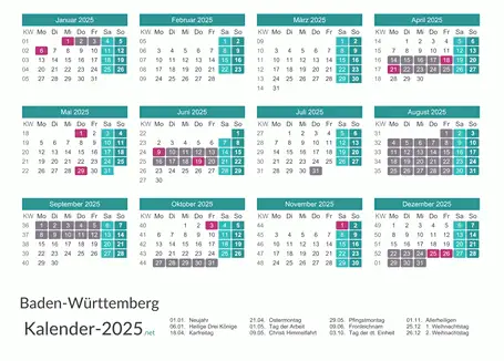 Kalender mit Ferien Baden-Württemberg 2025 Vorschau