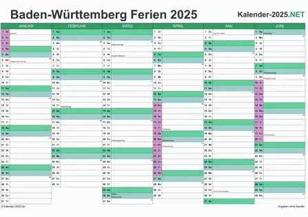 Halbjahreskalender mit Ferien Baden-Württemberg 2025 Vorschau