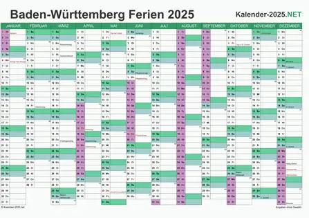 Kalender mit Ferien Baden-Württemberg 2025 Vorschau