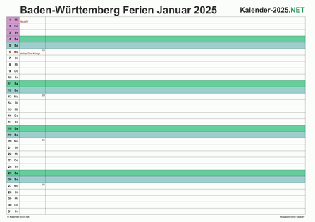 Monatskalender mit Ferien Baden-Württemberg 2025 Vorschau