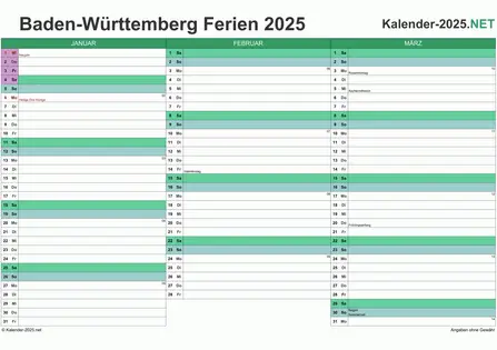 Quartalskalender mit Ferien Baden-Württemberg 2025 Vorschau