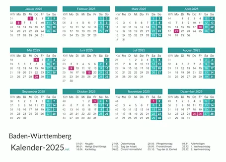 Baden-Württemberg Kalender 2025 + Feiertage Vorschau