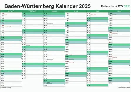 Vorschau Halbjahreskalender 2025 für EXCEL Baden-Württemberg