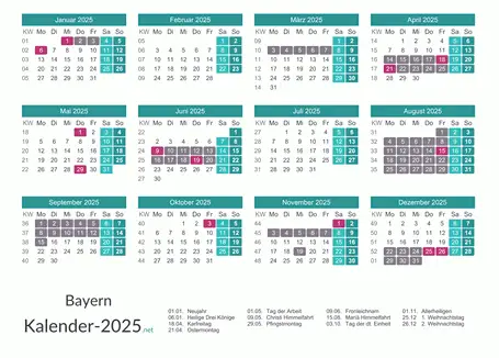 Ferien 2025 + Feiertage zum Ausdrucken - Bayern Vorschau