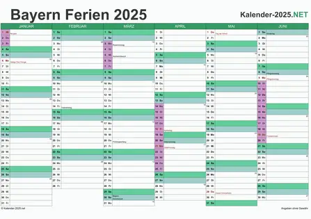 Halbjahreskalender mit Ferien Bayern 2025 Vorschau