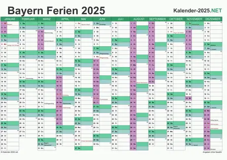 Kalender mit Ferien Bayern 2025 Vorschau