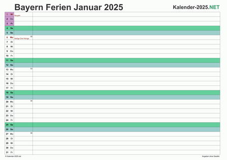 Vorschau EXCEL-Monatskalender 2025 mit den Ferien Bayern