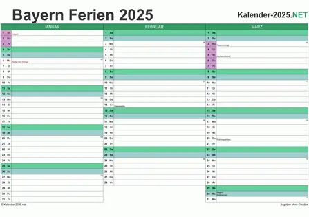 Vorschau EXCEL-Quartalskalender 2025 mit den Ferien Bayern