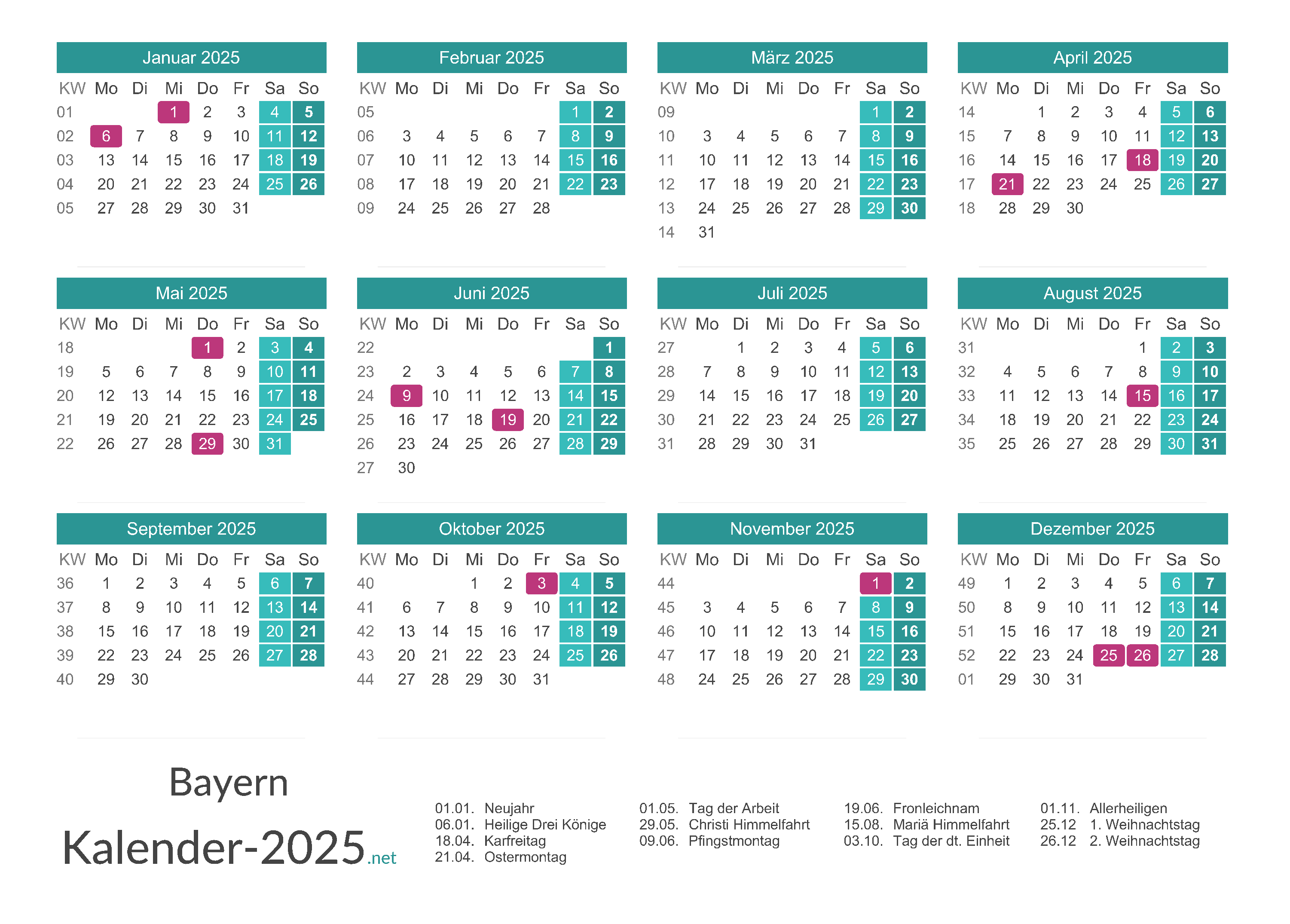 Kalender 2025 Bayern