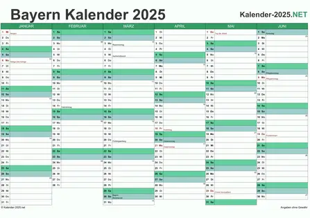 Vorschau Halbjahreskalender 2025 für EXCEL Bayern