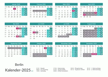 Kalender mit Ferien Berlin 2025 Vorschau