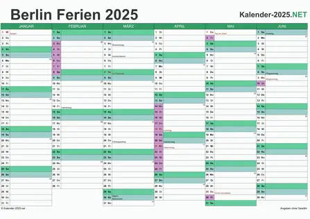 Halbjahreskalender 2025 zum Ausdrucken zum Ausdrucken - mit FerienBerlin Vorschau