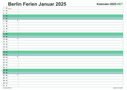 Monatskalender mit Ferien Berlin 2025 Vorschau