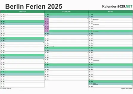 Quartalskalender 2025 zum Ausdrucken zum Ausdrucken - mit FerienBerlin Vorschau