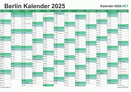 Vorschau Kalender 2025 für EXCEL mit Feiertagen Berlin