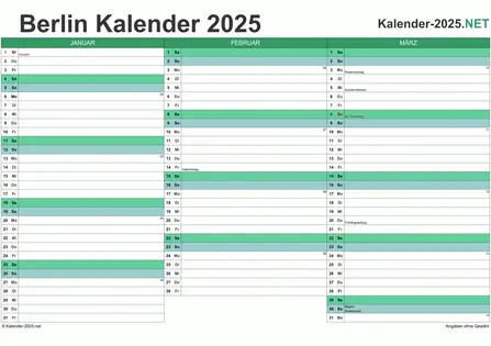 Vorschau Quartalskalender 2025 für EXCEL Berlin