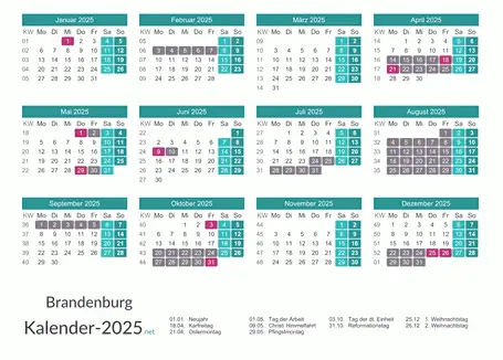 Ferien 2025 + Feiertage zum Ausdrucken - Brandenburg Vorschau