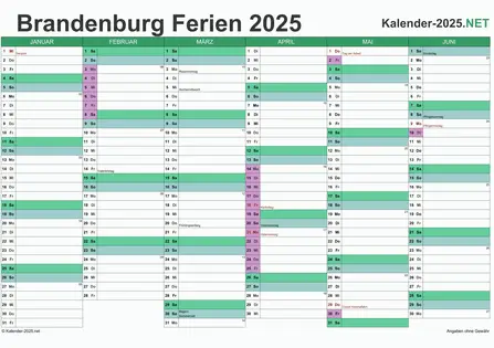 Halbjahreskalender 2025 zum Ausdrucken zum Ausdrucken - mit FerienBrandenburg Vorschau