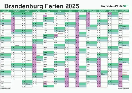 Vorschau EXCEL-Kalender 2025 mit den Ferien Brandenburg