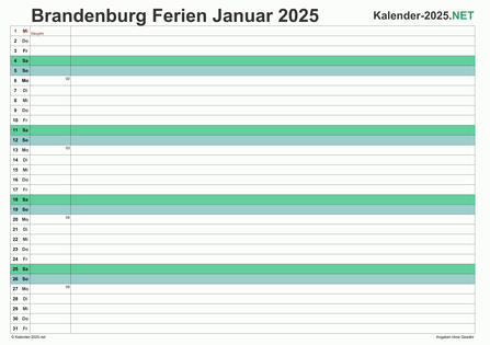 Vorschau EXCEL-Monatskalender 2025 mit den Ferien Brandenburg