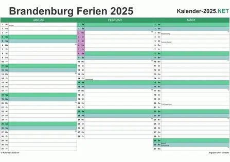 Vorschau EXCEL-Quartalskalender 2025 mit den Ferien Brandenburg