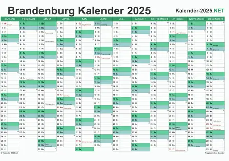 Vorschau Kalender 2025 für EXCEL mit Feiertagen Brandenburg