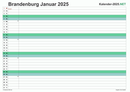 Vorschau Monatskalender 2025 für EXCEL Brandenburg