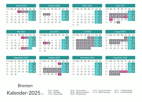 Kalender mit Ferien Bremen 2025 Vorschau