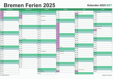 Halbjahreskalender 2025 zum Ausdrucken zum Ausdrucken - mit FerienBremen Vorschau