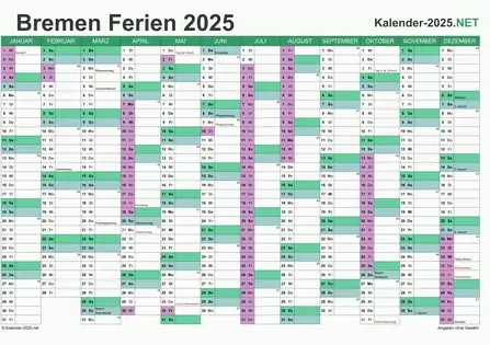 Kalender mit Ferien Bremen 2025 Vorschau