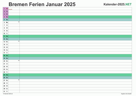 Vorschau EXCEL-Monatskalender 2025 mit den Ferien Bremen