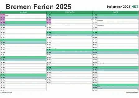 Vorschau EXCEL-Quartalskalender 2025 mit den Ferien Bremen