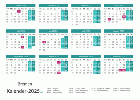 Bremen Kalender 2025 + Feiertage Vorschau