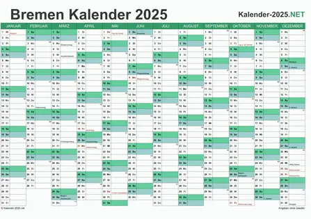 Vorschau Kalender 2025 für EXCEL mit Feiertagen Bremen