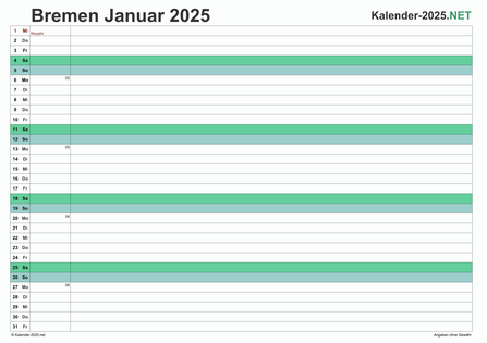 Vorschau Monatskalender 2025 für EXCEL Bremen