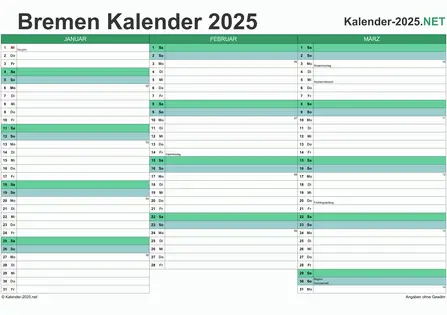 Vorschau Quartalskalender 2025 für EXCEL Bremen