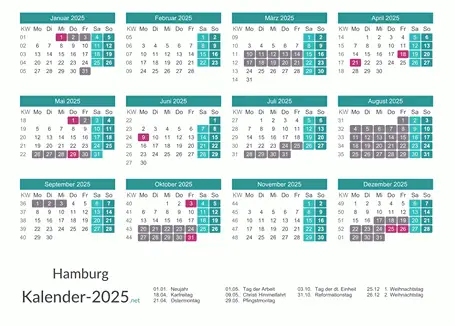 Ferien 2025 + Feiertage zum Ausdrucken - Hamburg Vorschau