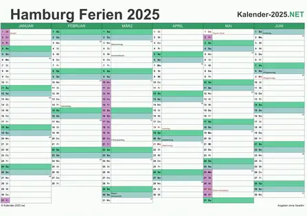 Vorschau EXCEL-Halbjahreskalender 2025 mit den Ferien Hamburg