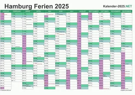 Kalender 2025 zum Ausdrucken zum Ausdrucken - mit FerienHamburg Vorschau