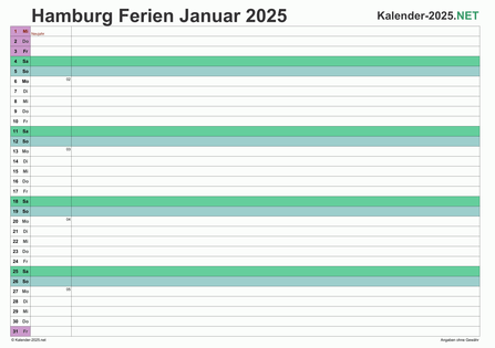 Monatskalender mit Ferien Hamburg 2025 Vorschau