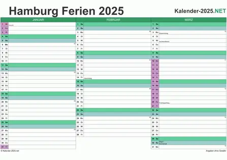 Quartalskalender 2025 zum Ausdrucken zum Ausdrucken - mit FerienHamburg Vorschau