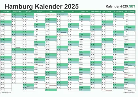 Vorschau Kalender 2025 für EXCEL mit Feiertagen Hamburg