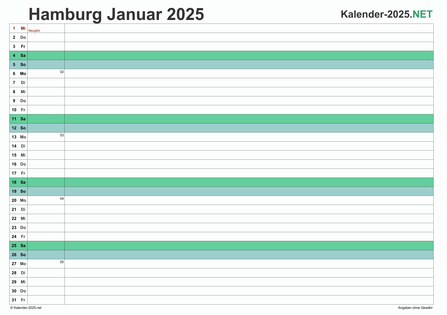 Vorschau Monatskalender 2025 für EXCEL Hamburg