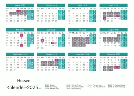 Ferien 2025 + Feiertage zum Ausdrucken - Hessen Vorschau