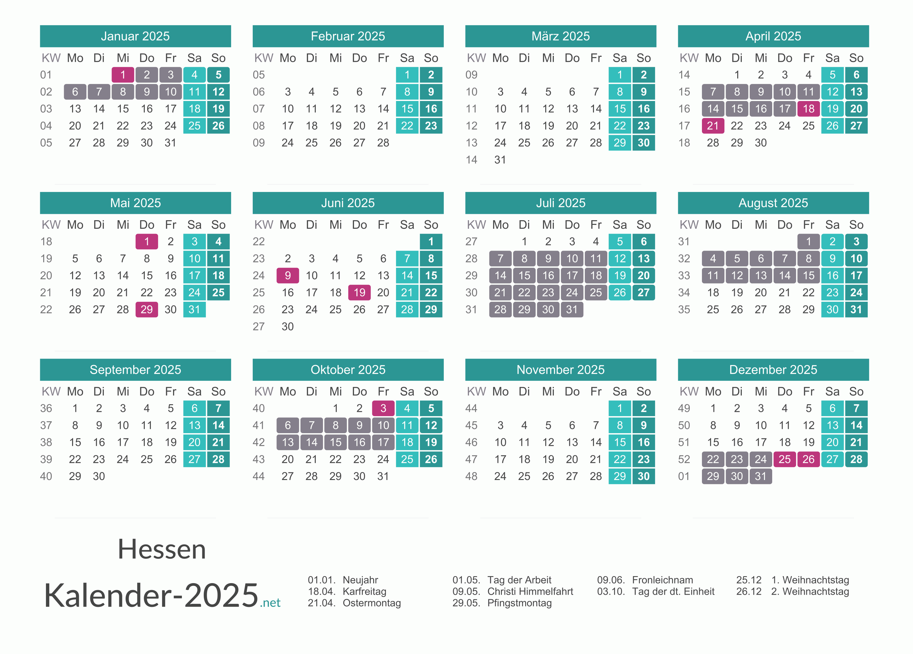 FERIEN Hessen 2025 Ferienkalender bersicht