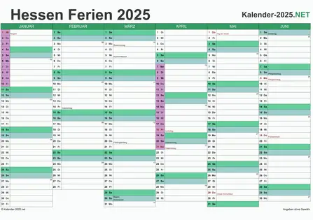 Halbjahreskalender mit Ferien Hessen 2025 Vorschau