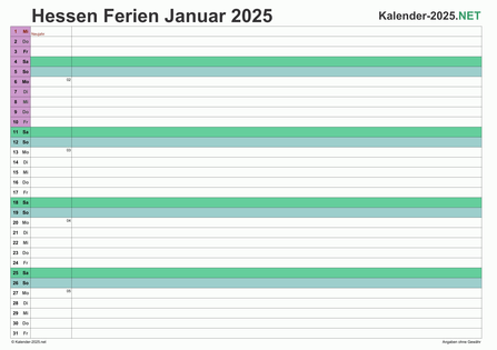 Monatskalender mit Ferien Hessen 2025 Vorschau