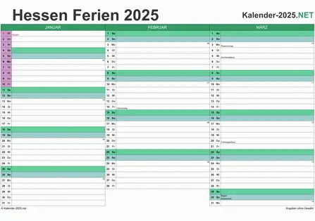 Quartalskalender mit Ferien Hessen 2025 Vorschau