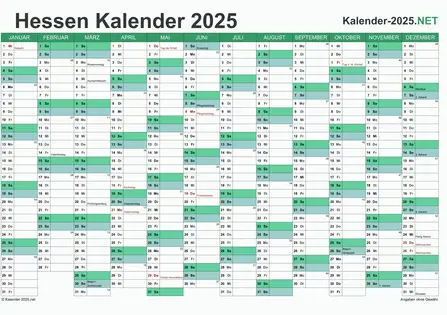 Vorschau Kalender 2025 für EXCEL mit Feiertagen Hessen