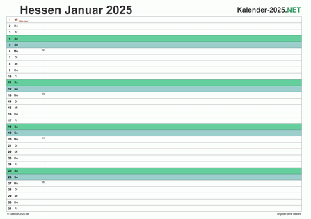 Vorschau Monatskalender 2025 für EXCEL Hessen